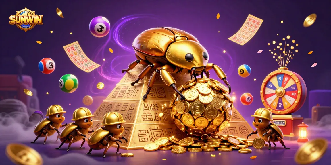 SUNWIN introduces excitement with a golden beetle rolling jackpots and vibrant lottery elements.