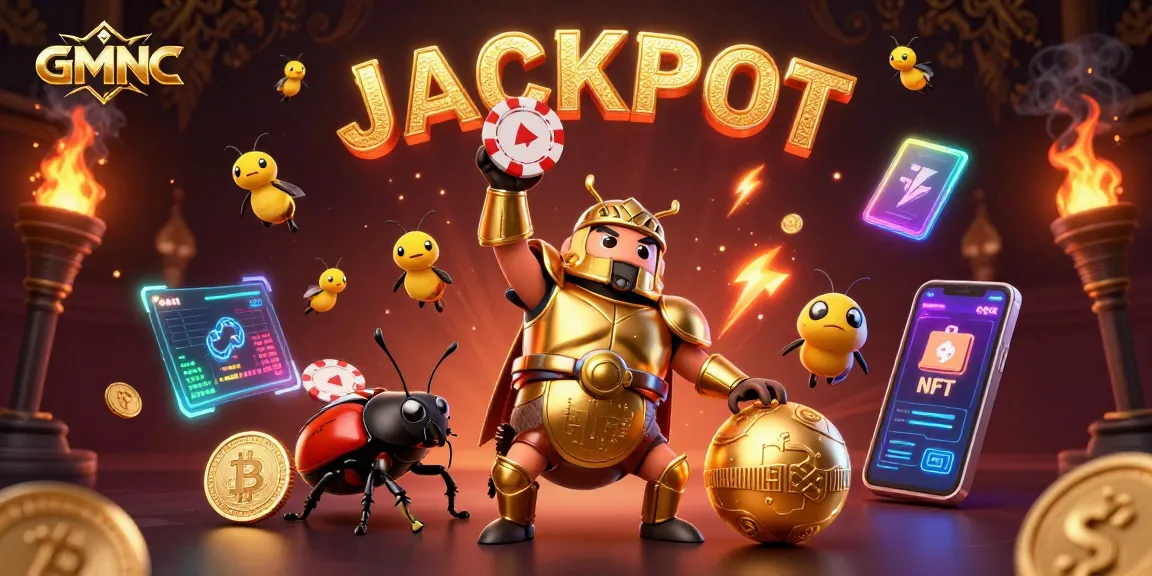 Win with GMNC as the victorious beetle lifts a poker chip surrounded by crypto coins.