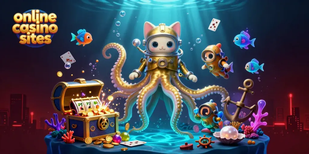 Engage in online casino sites with a dynamic scene featuring a kraken and diving cat amidst treasures.