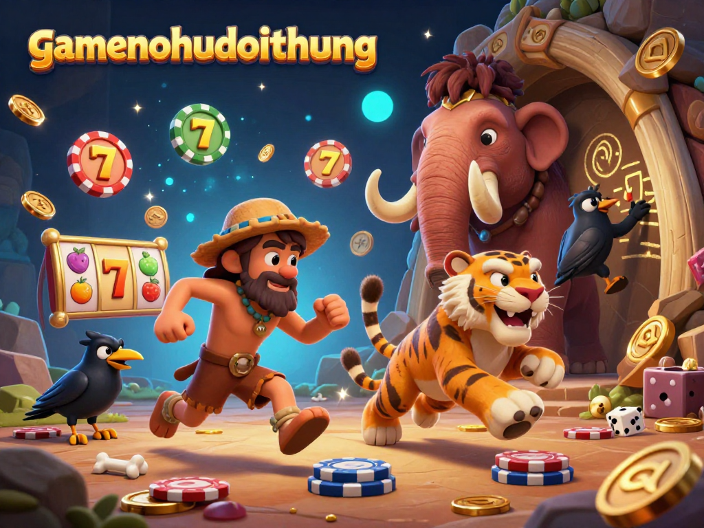 Engage in thrilling gameplay with gamenohudoithuong in this vibrant prehistoric casino illustration featuring a unique cast.