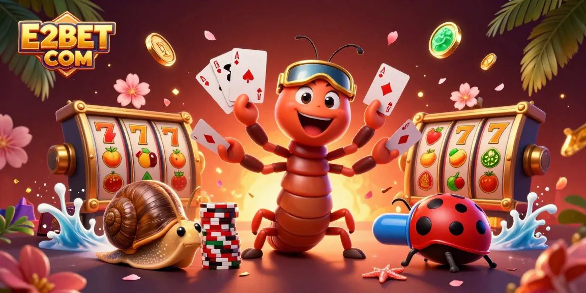 E2BET COM showcases an exciting 3D casino scene with a millipede dealer and rich game elements.