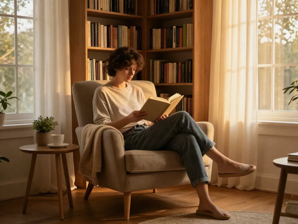 Read review in a cozy reading nook with a person enjoying a book and warm light.