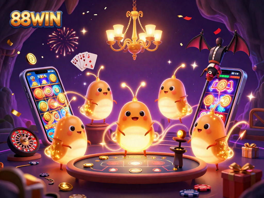 88WIN lights up the cave casino with a glowing glowworm team, showcasing action-packed gaming elements.