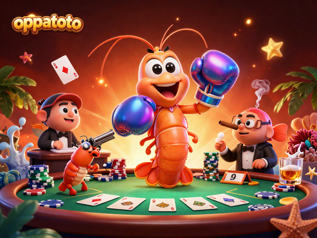 Experience oppatoto excitement with lively card games, poker chips, and vibrant marine companions.