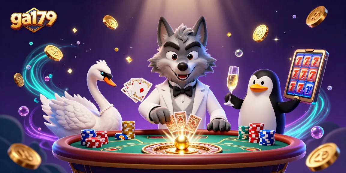 Win big with ga179 at the casino, featuring dynamic characters and sparkling elements.