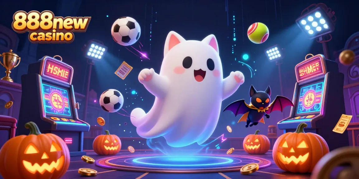 Engaging scene of 888new casino with a ghost cat, vampire bat, and glowing poker jack-o-lanterns amid sports elements.