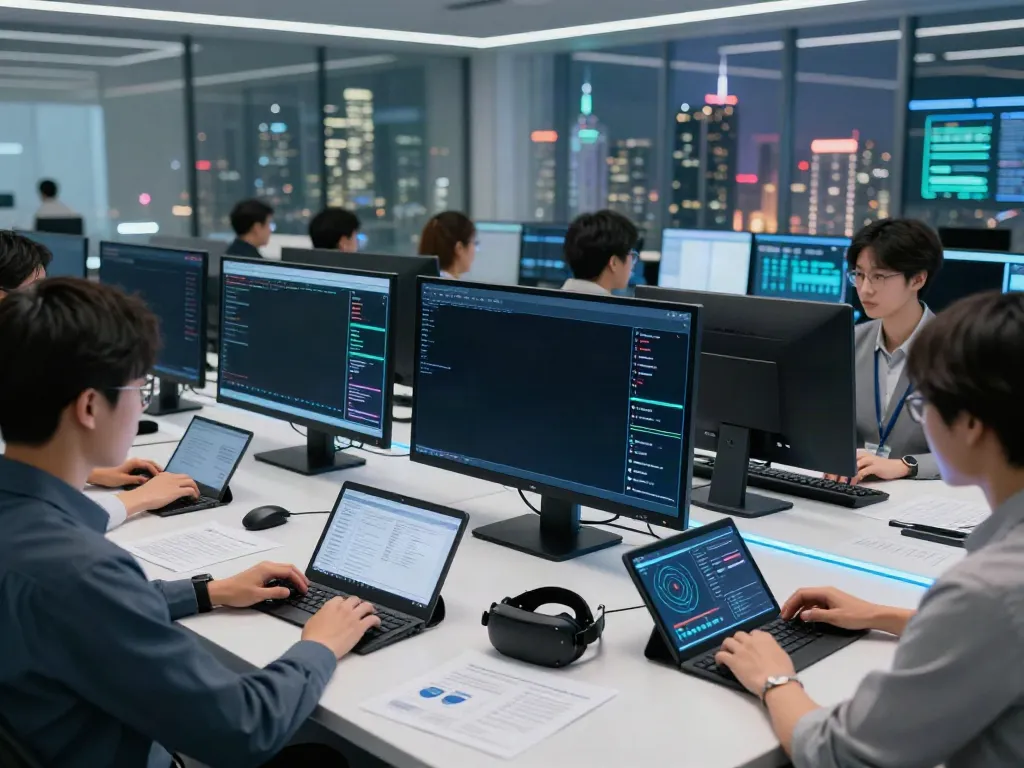 Engineers analyzing AI inference data in a modern control room.