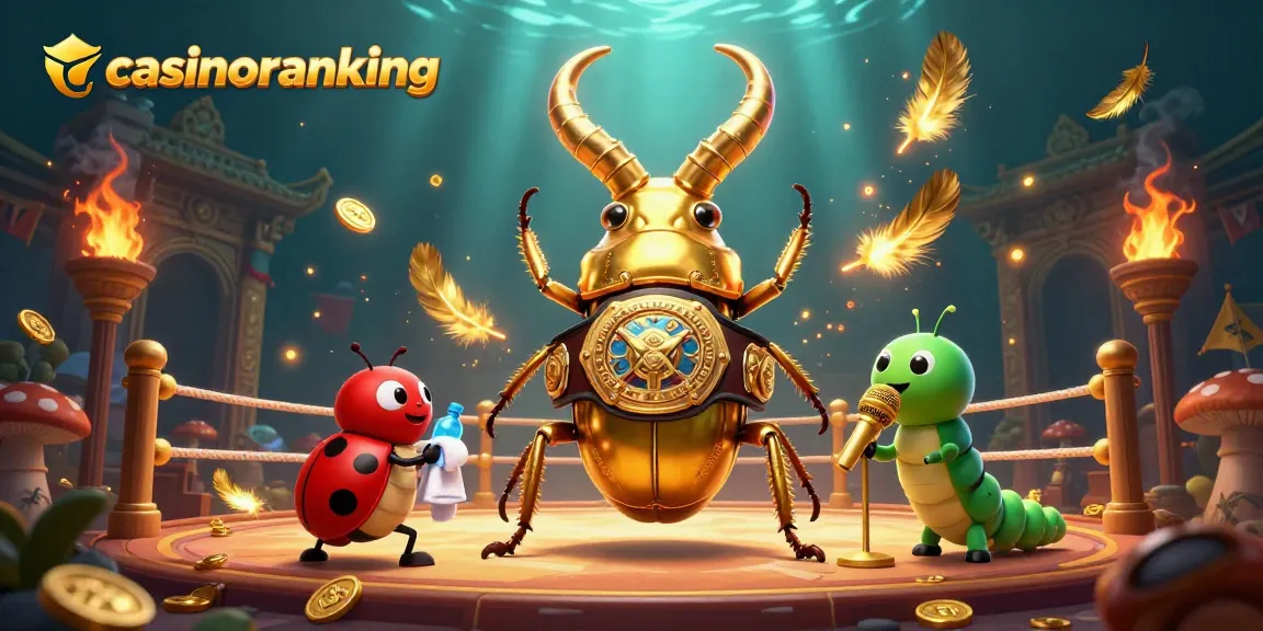 Immerse in the world of casinoranking with a boxing beetle showdown, surrounded by coins and game elements.