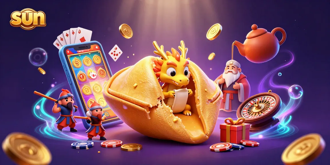 Experience the sun-themed online casino with a vibrant golden fortune cookie scene.