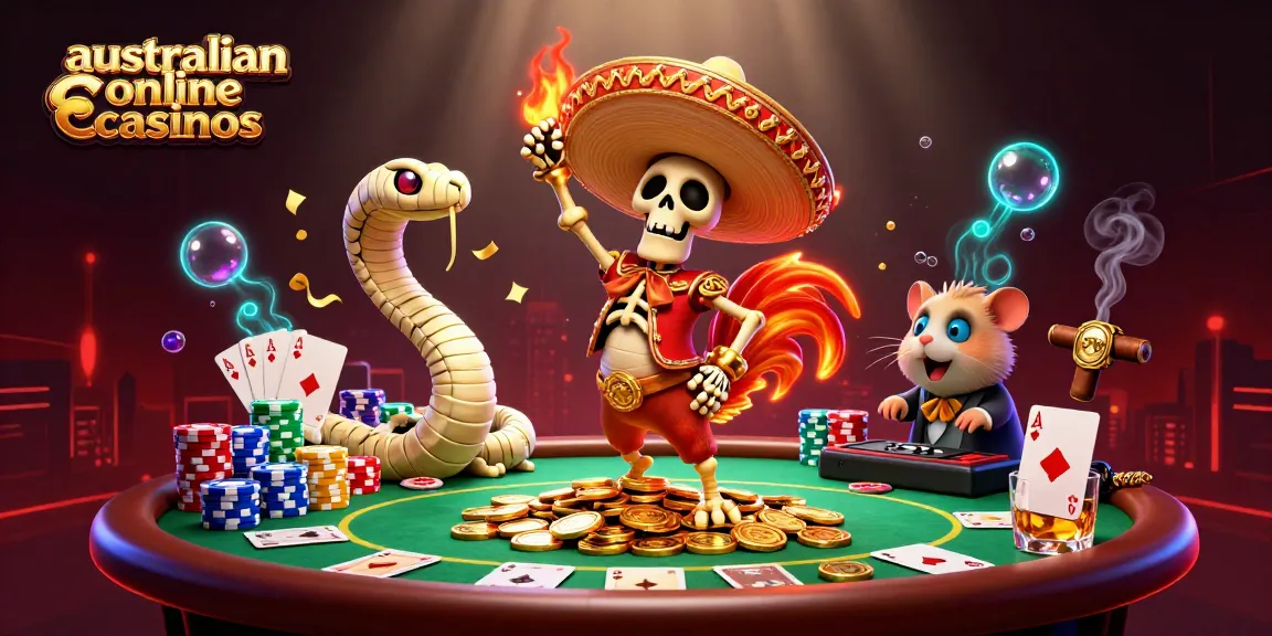 Skeleton mariachi rooster celebrating with golden coins at Australian online casinos.