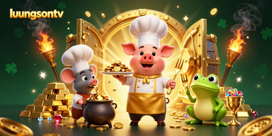 Experience the excitement of luongsontv as the chef pig serves gold coins, surrounded by treasure and festive elements.