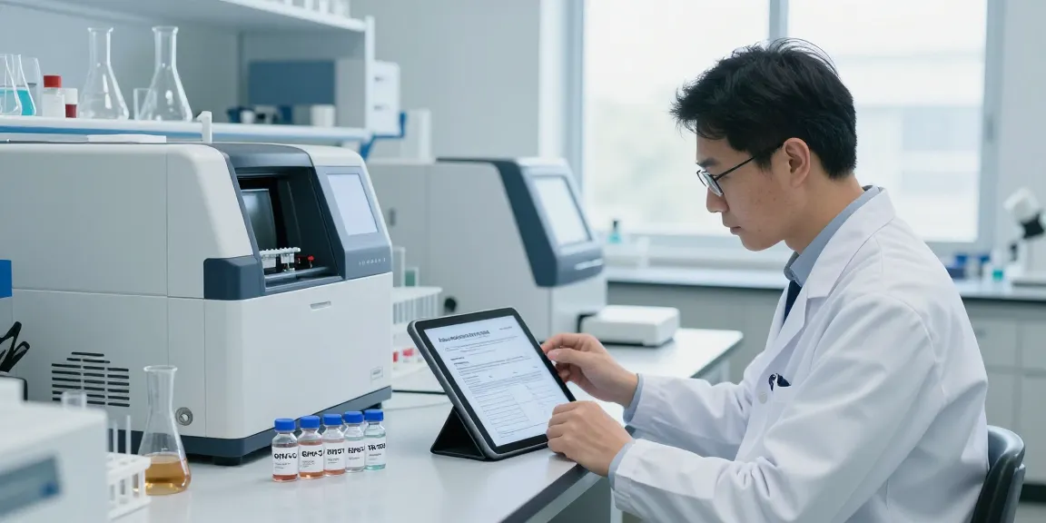 KLOW vs Glow comparison in laboratory research, scientist reviewing Certificate of Analysis with peptide vials on the lab bench.