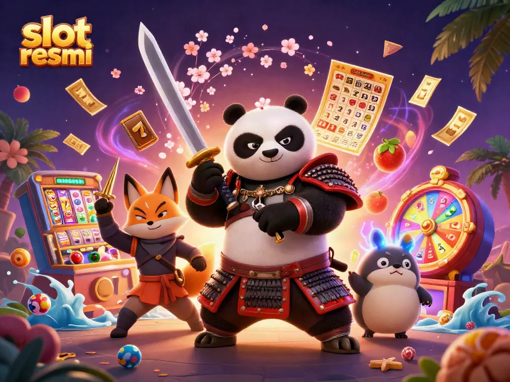 Memainkan slot resmi dengan karakter samurai panda dan rubah ninja di latar belakang yang penuh warna.