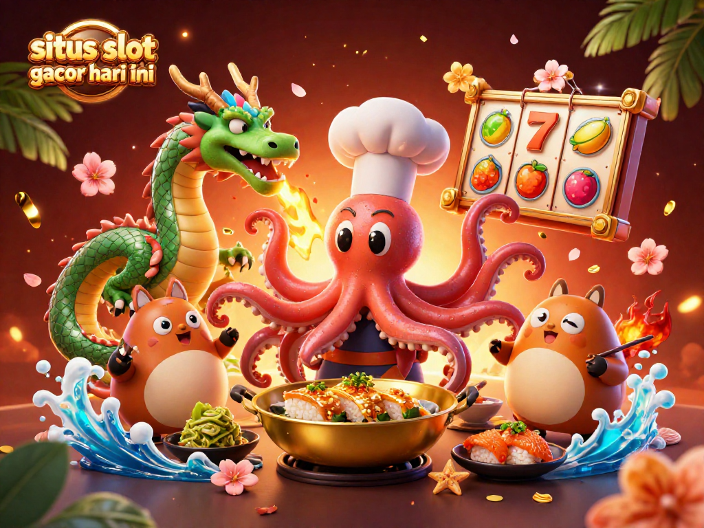 situs slot gacor hari ini showcases a sushi octopus and dragon playing slots with vibrant elements.