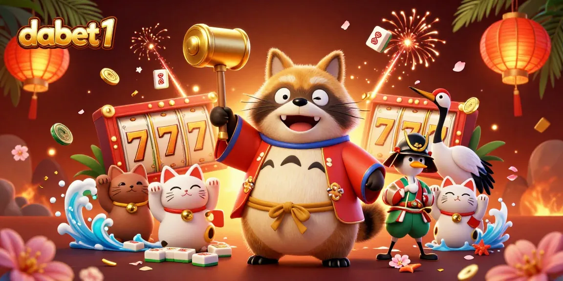 Dabet1 invites players to enjoy thrilling slots amidst joyful characters and casino elements.