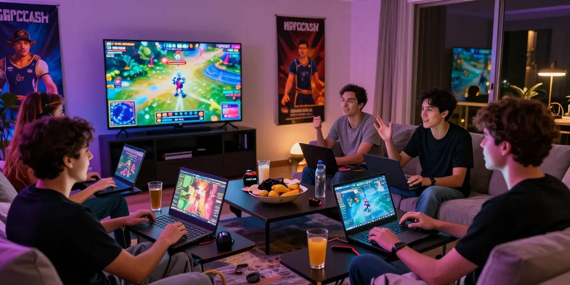 Enjoying a vibrant night of online gaming at https://www.benmillerband.com/ with friends, surrounded by snacks and excitement.