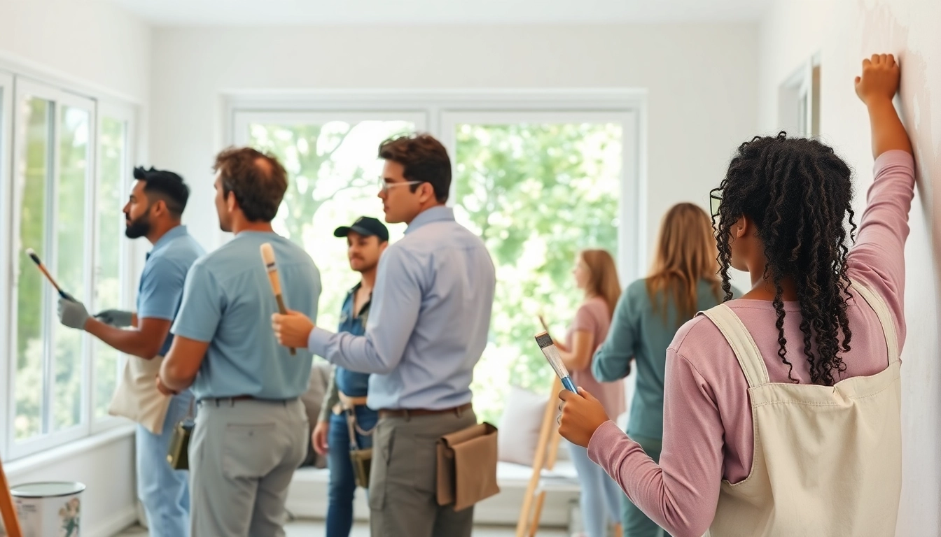 Eco friendly painters collaborating in a bright room, showcasing their sustainable painting techniques.