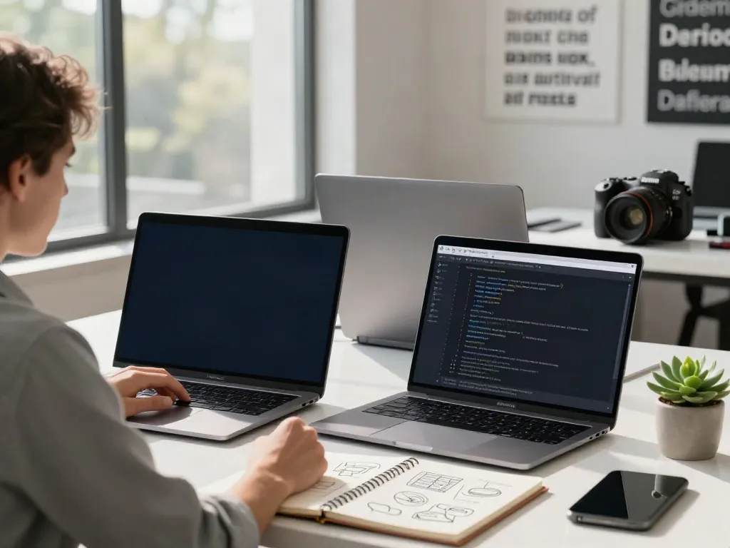 Young professional using Brave browser in a modern office workspace.