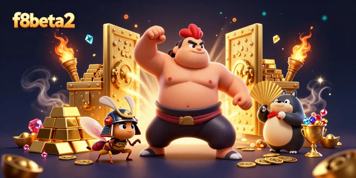Action-packed scene with f8beta2 featuring sumo wrestler rooster and samurai cricket in a casino adventure.