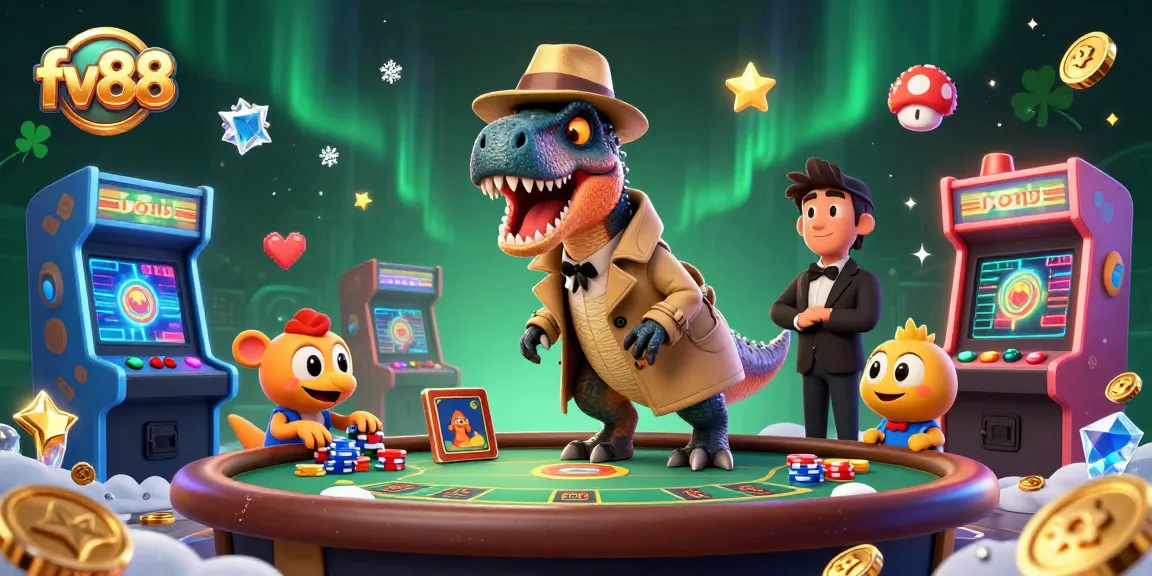 Engage in a vibrant fv88 casino scene with a cunning velociraptor card counter and friends.