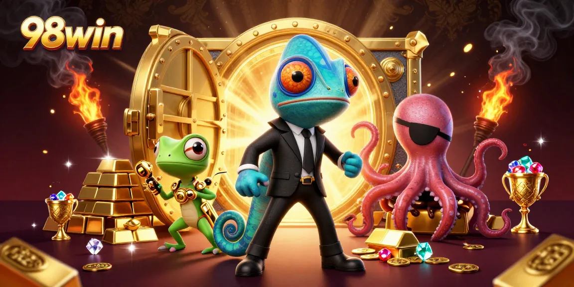 Engage with thrilling 98win slots and jackpots through a dynamic casino illustration bursting with treasures.