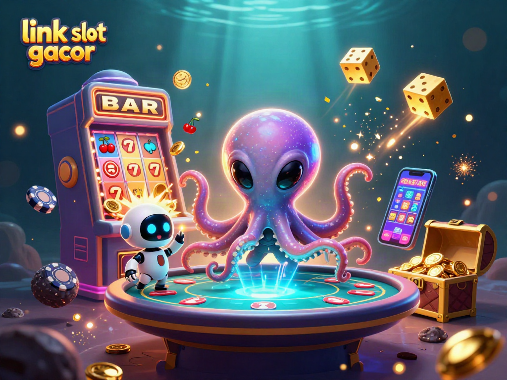 Engage with link slot gacor featuring an octopus at a holographic poker table, surrounded by 3D slot machine elements.