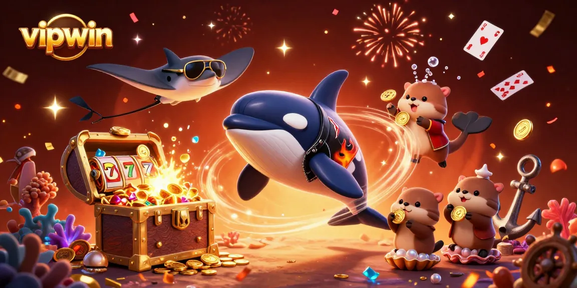 Win big at vipwin with this vibrant casino-themed underwater scene featuring playful characters.