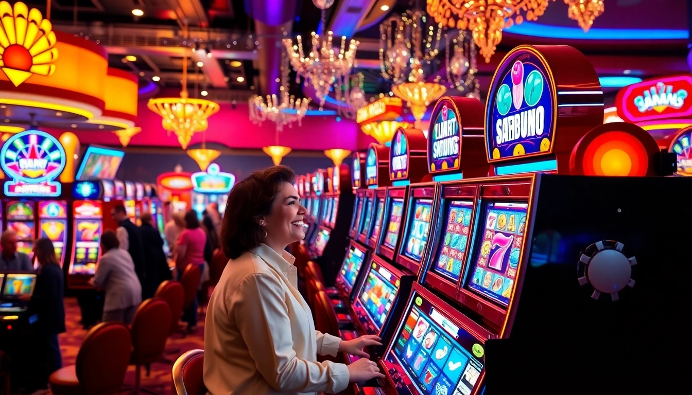 Players experiencing the thrill of slot gambling at vibrant casino machines full of colors and excitement.