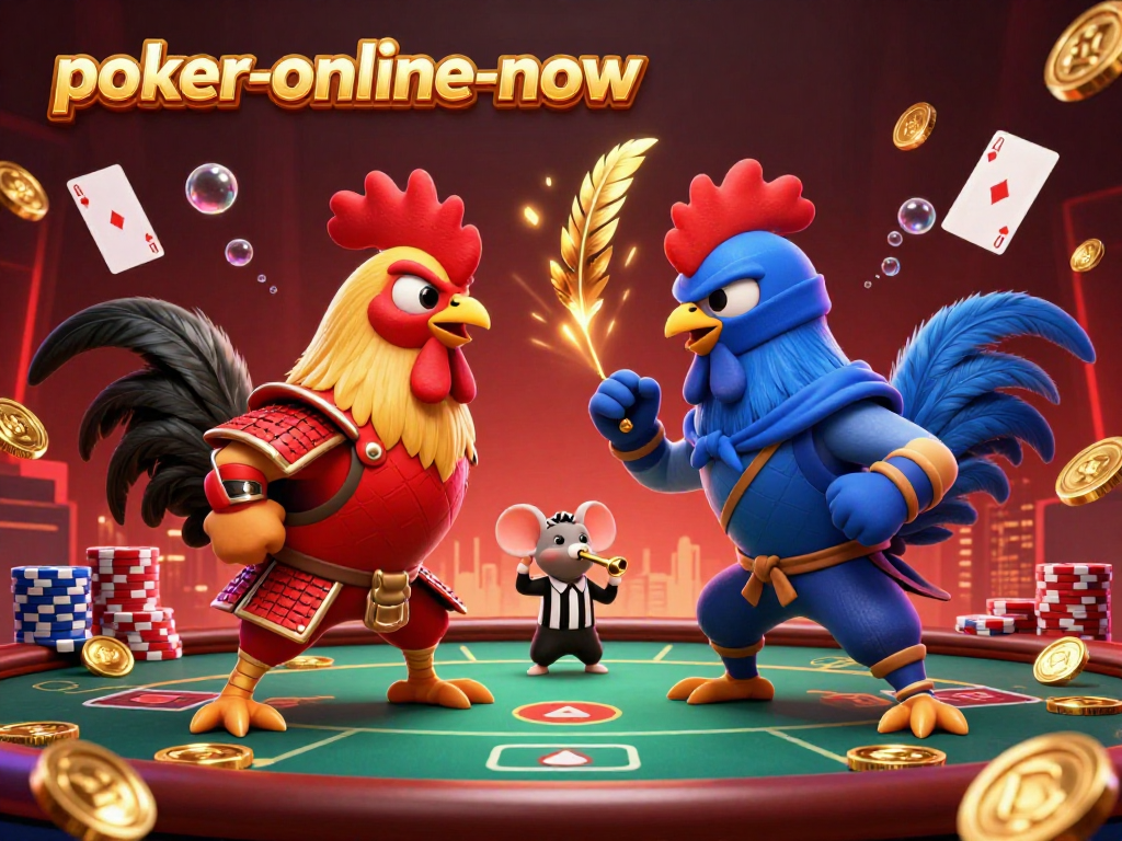 Engage in thrilling poker games at poker-online-now with dynamic 3D cartoon illustration.