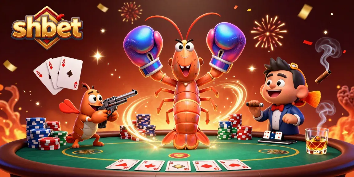Win big with shbet featuring a vibrant poker scene of animated shrimp characters.