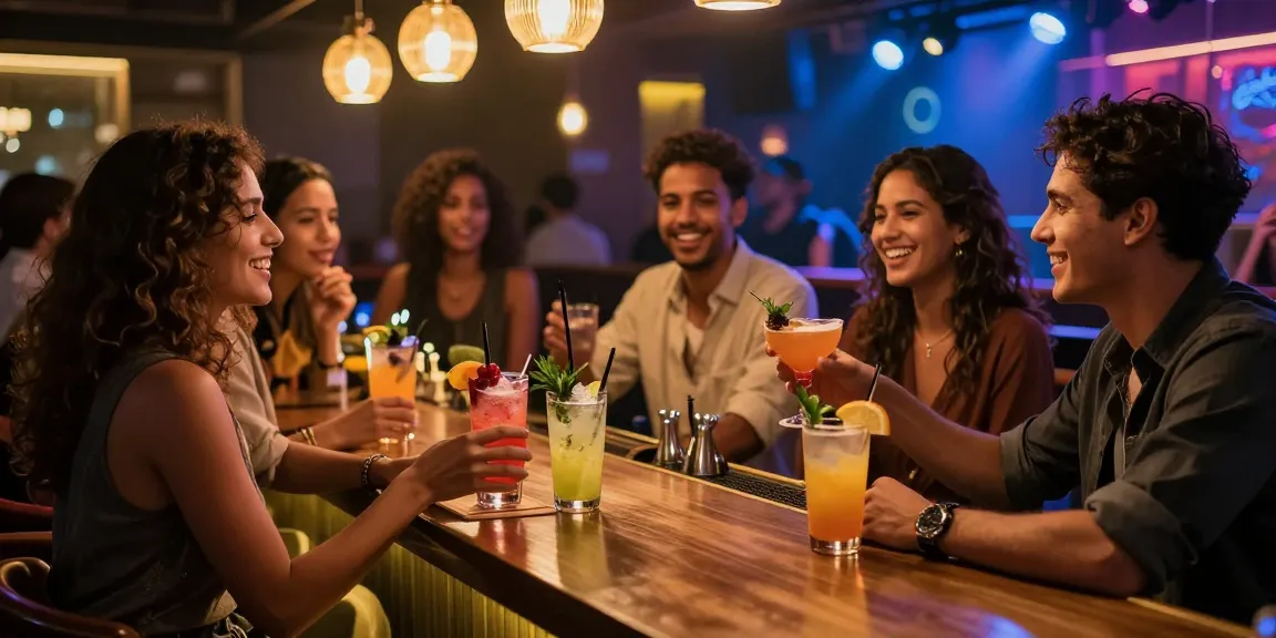 Không gian quán bar sôi động về gái gọi với bạn bè thưởng thức cocktail trong ánh đèn neon.