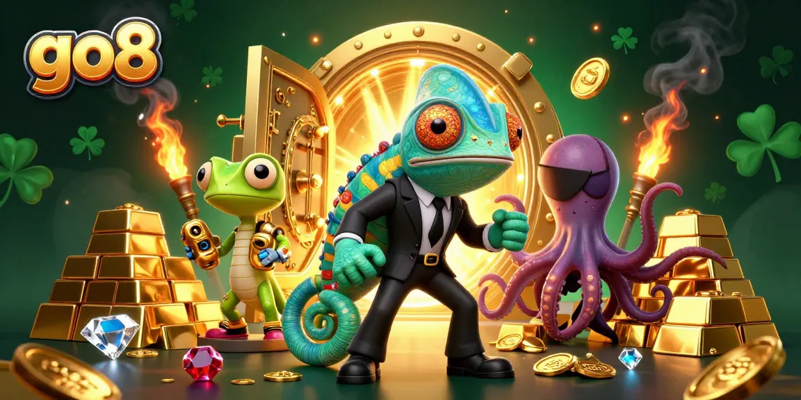 Engage in exciting casino adventures with go8's vibrant 3D illustration showcasing gaming treasures.