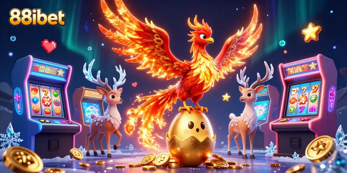 Engage with vibrant 88ibet slots scene featuring a phoenix, golden egg, and gaming elements.