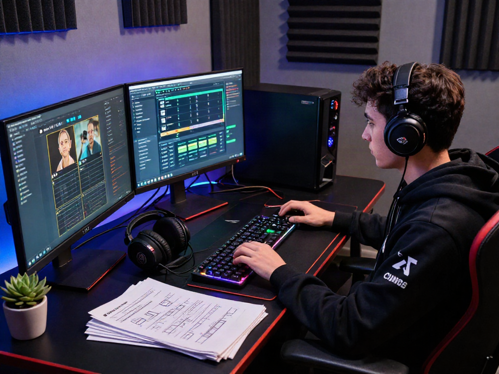 Focused scene of a gamer at a verification station, illustrating 먹튀스팟 검증사이트 activities with high-tech equipment and verification tools.