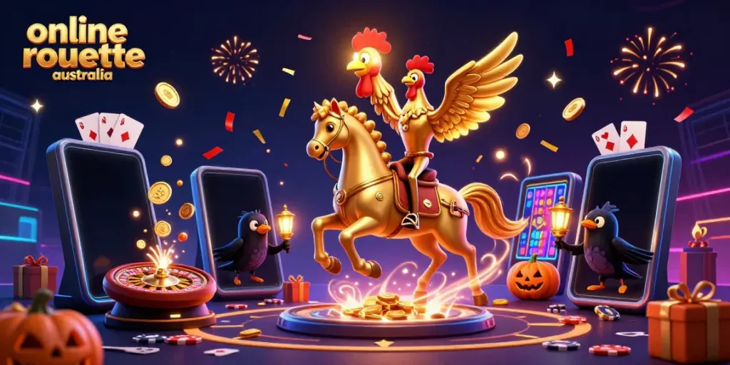 Experience the excitement of online roulette Australia with a vibrant golden rooster amidst a lively midnight casino scene.