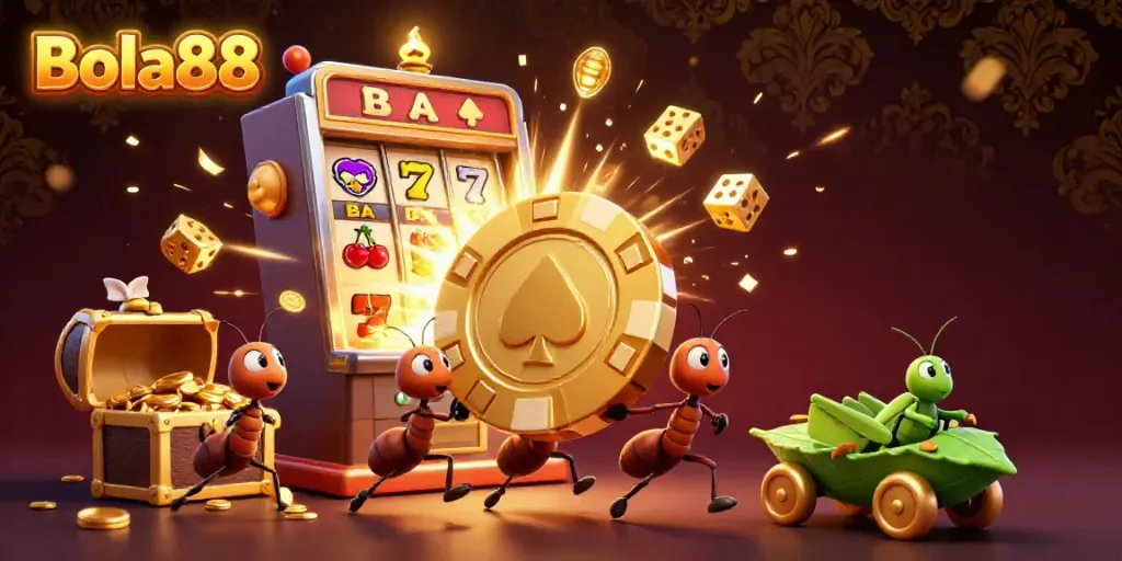 Bola88 showcases an exciting 3D illustration of cartoon ants in a heist, capturing a giant poker chip.