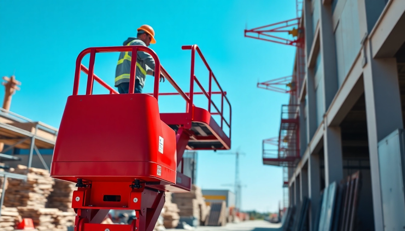 Cherry picker elevating a worker safely at a construction site with clear sky backdrop.