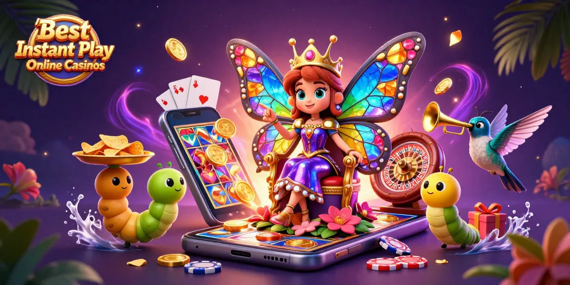 Experience the excitement at Best Instant Play Online Casinos with a vibrant 3D illustration featuring colorful gaming elements.