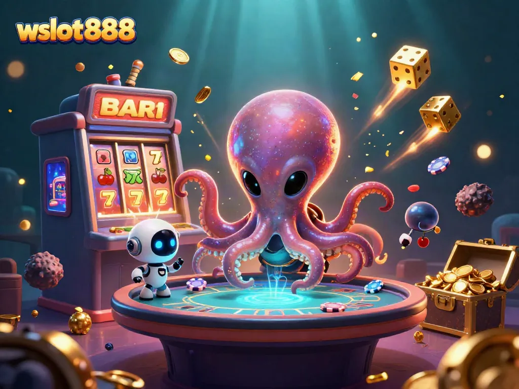 Visualisasikan jackpot di wslot888 dengan alien dan robot di meja poker holografis