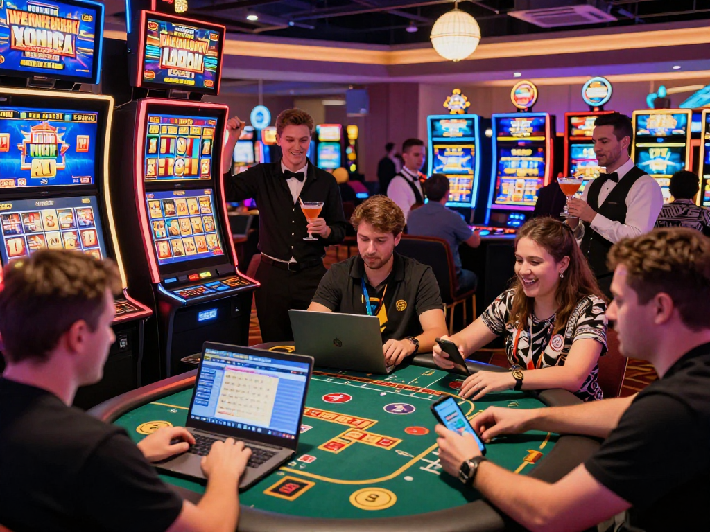 Exciting gaming environment showcasing situs slot gacor with players celebrating wins and vibrant digital displays.
