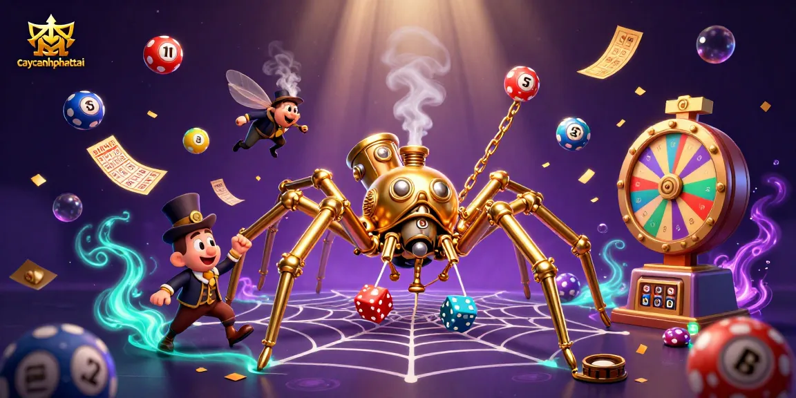 Experience the thrill of caycanhphattai as the golden spider entangles unfortunate dice in a vibrant 3D casino scene.