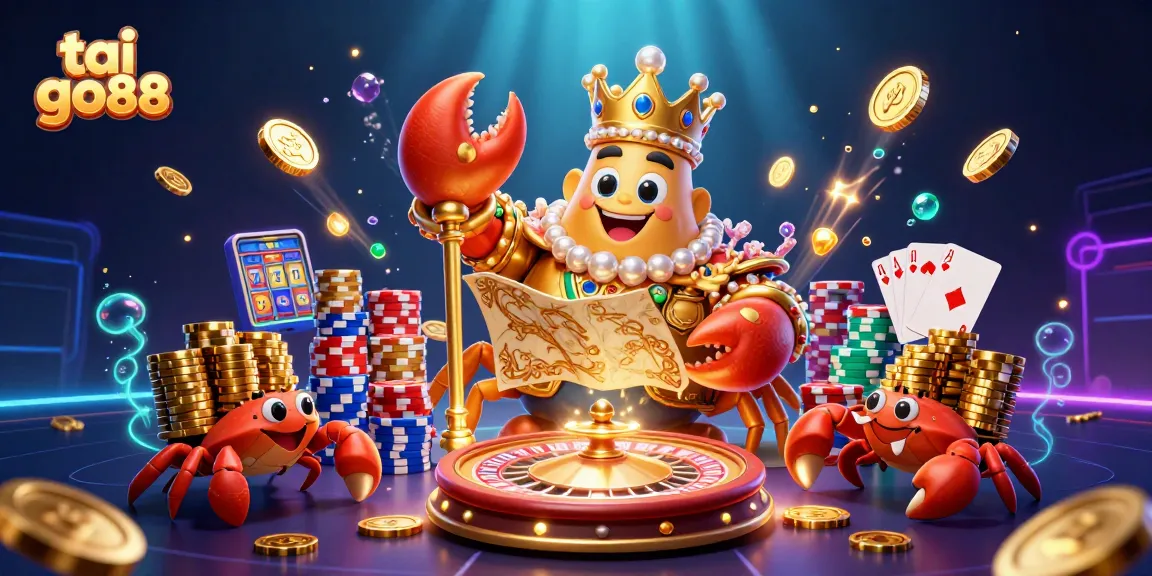 Engage with tai go88 in this vibrant 3D gaming scene featuring a golden crab emperor and dynamic casino elements.