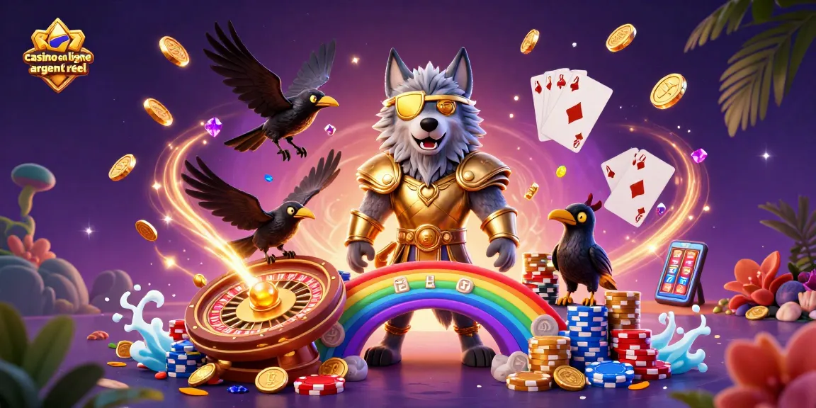 Illustration 3D de casino en ligne argent réel avec des personnages mythologiques, jetons de casino, et ambiance luxueuse.