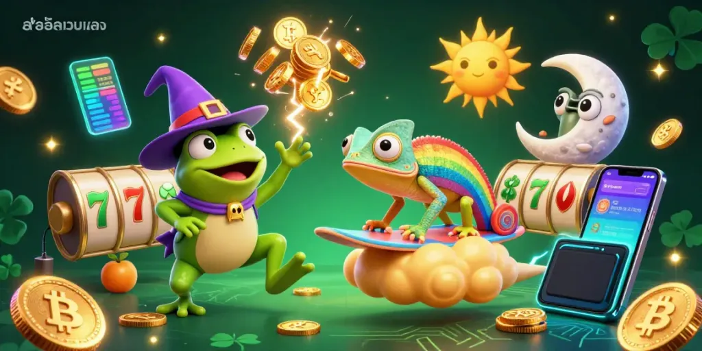 Engage with สล็อตเว็บตรง through an energetic casino-themed illustration featuring a wizard frog and chameleon amidst golden coins.