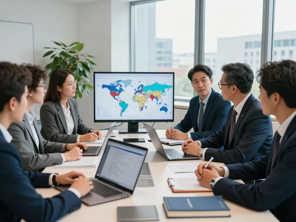 Lead Roedl consulting team strategizing international legal solutions in a modern office