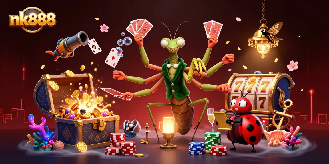 Experience the vibrant energy of nk888 with a 3D mantis card sharp dealing winning hands in a casino.