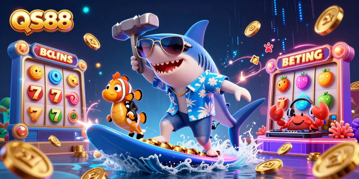 Experience thrilling gameplay at QS88 with a vibrant 3D shark, exciting casino elements, and jackpot action.