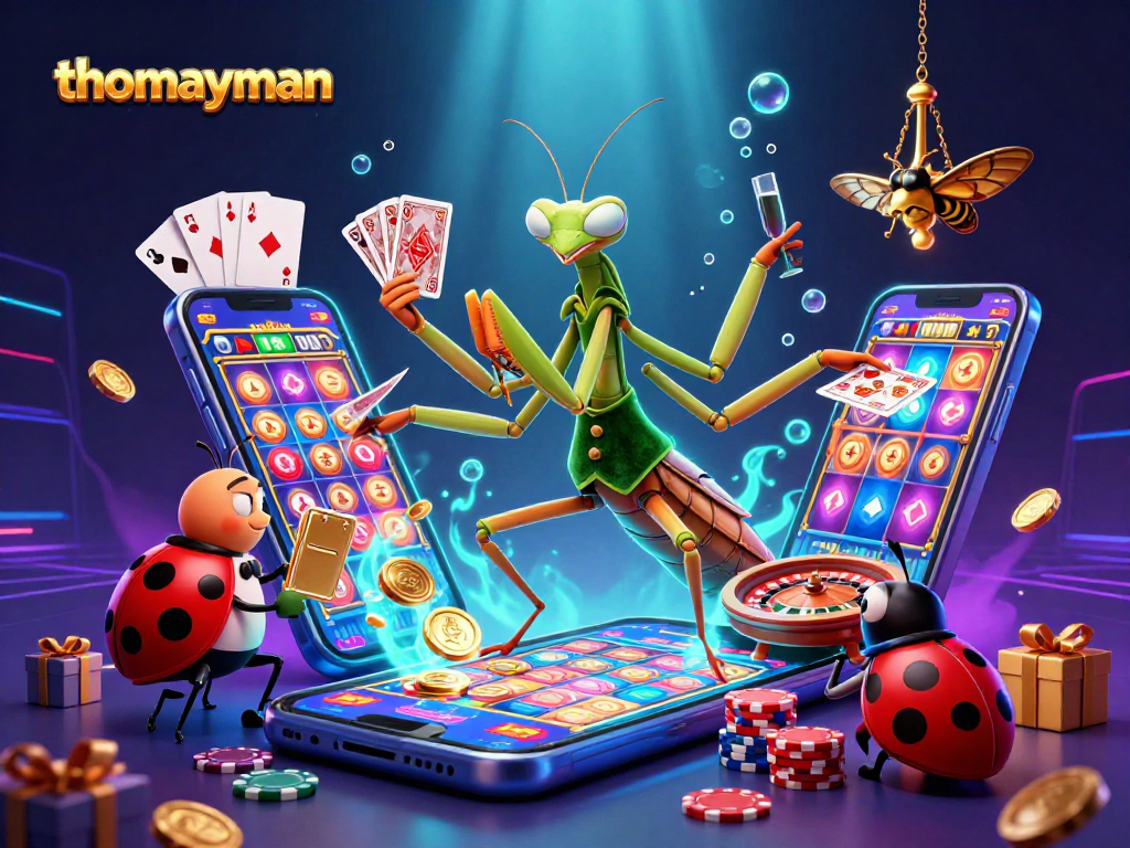 Experience the exciting world of thomayman with a dynamic casino scene featuring diverse characters and vibrant game elements.