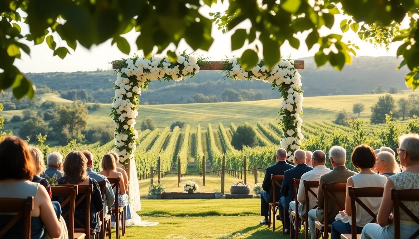 Stunning outdoor wedding venue Clarksburg California featuring a decorated arch among vineyards.