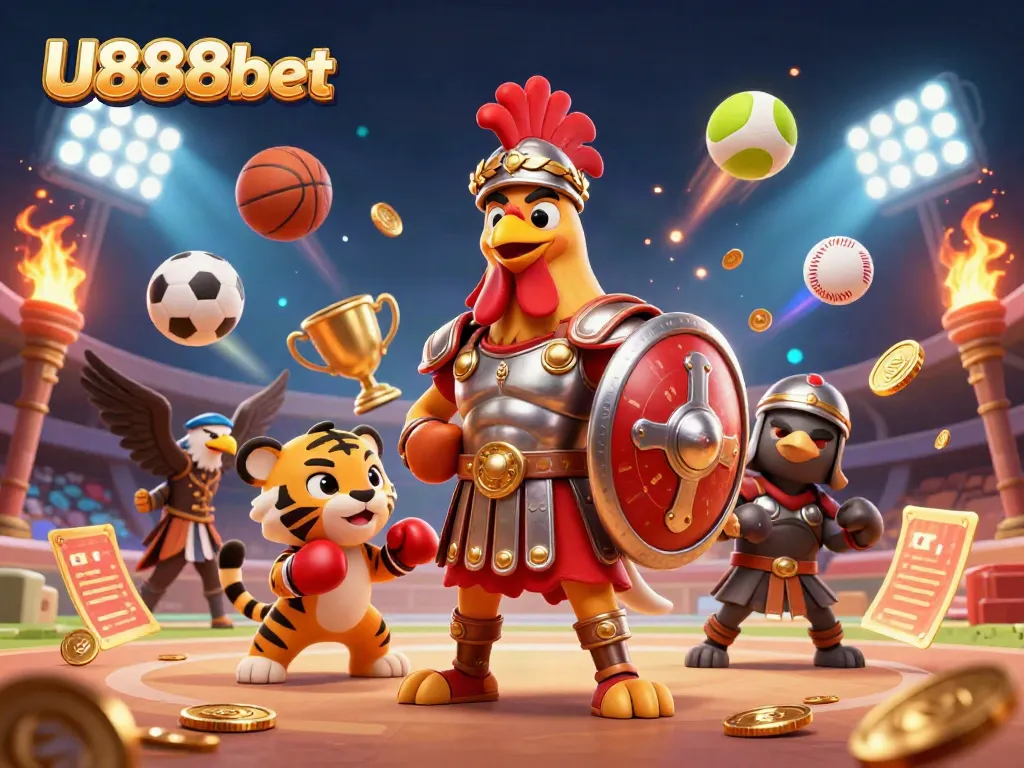 Engage with U888bet's exciting betting experience illustrated through dynamic characters and vibrant casino elements.